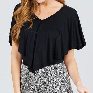 Juniors Black V Neck Flounce Top